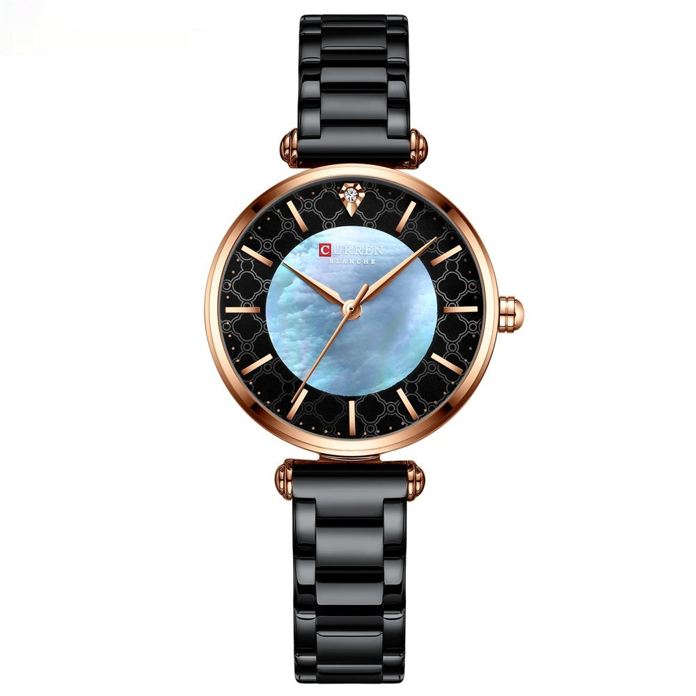 Women's black belt rose shell small watch