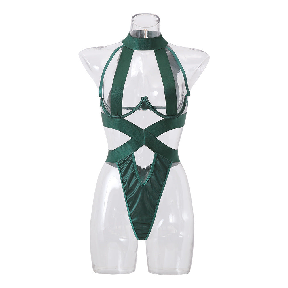Women's dark green sexy nylon lingerie