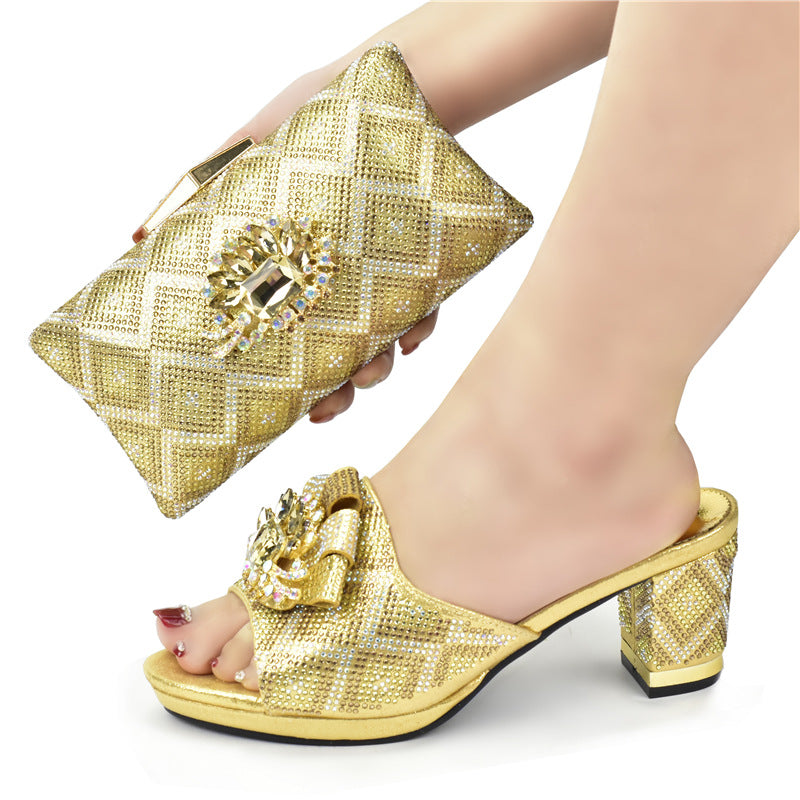 Women's gold rhinestone sandals & clutch set