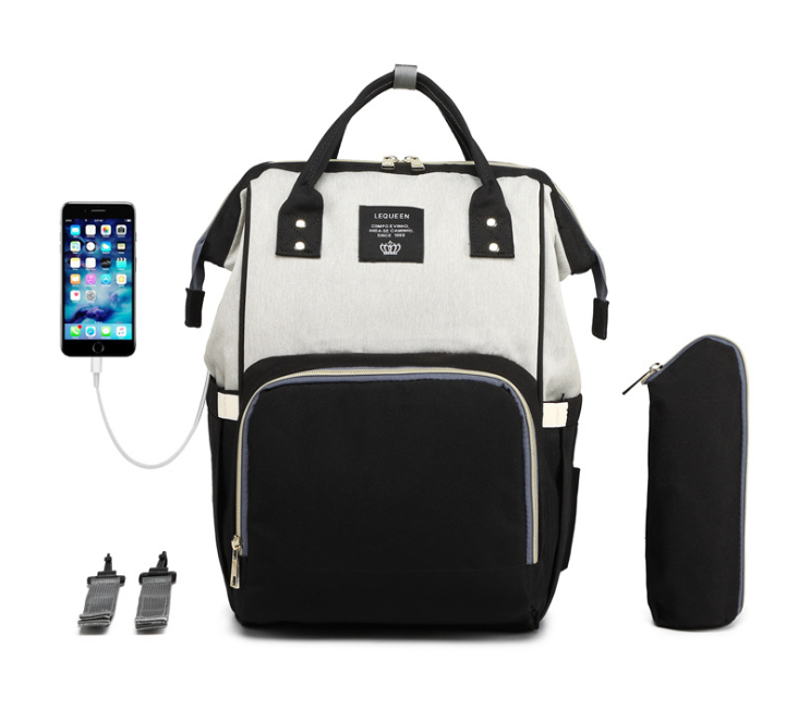 Unisex light gray black diaper bag backpack