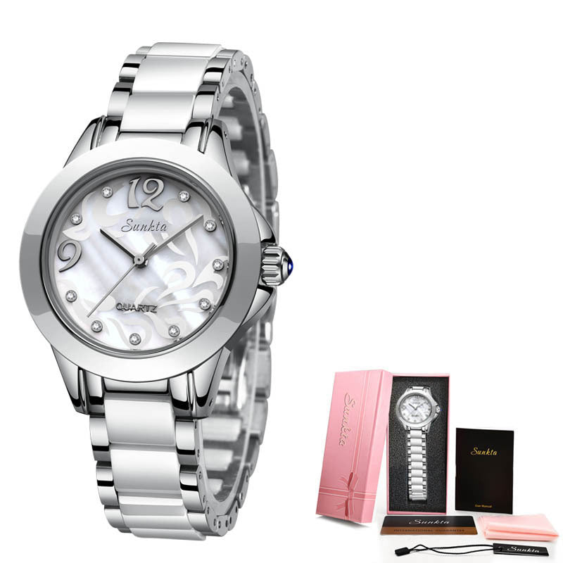 Women's silver white ceramic watch