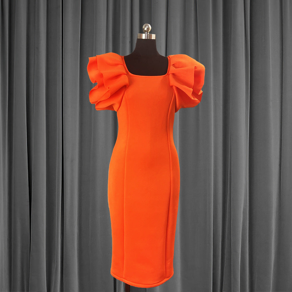Women's orange ruffle sleeve dress