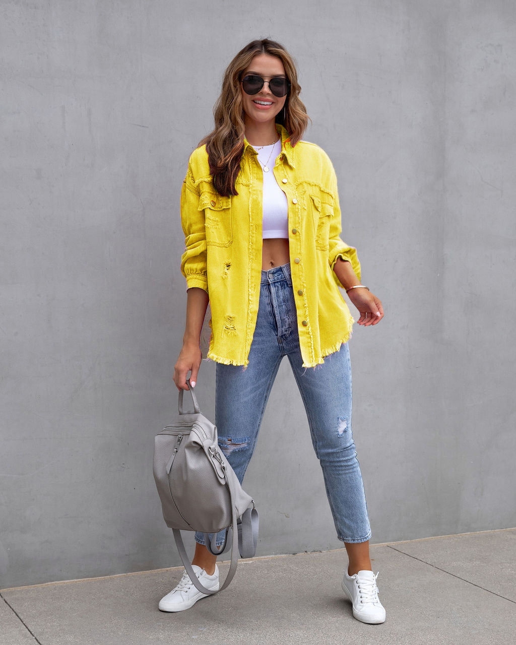 Women's yellow ripped shirt jacket