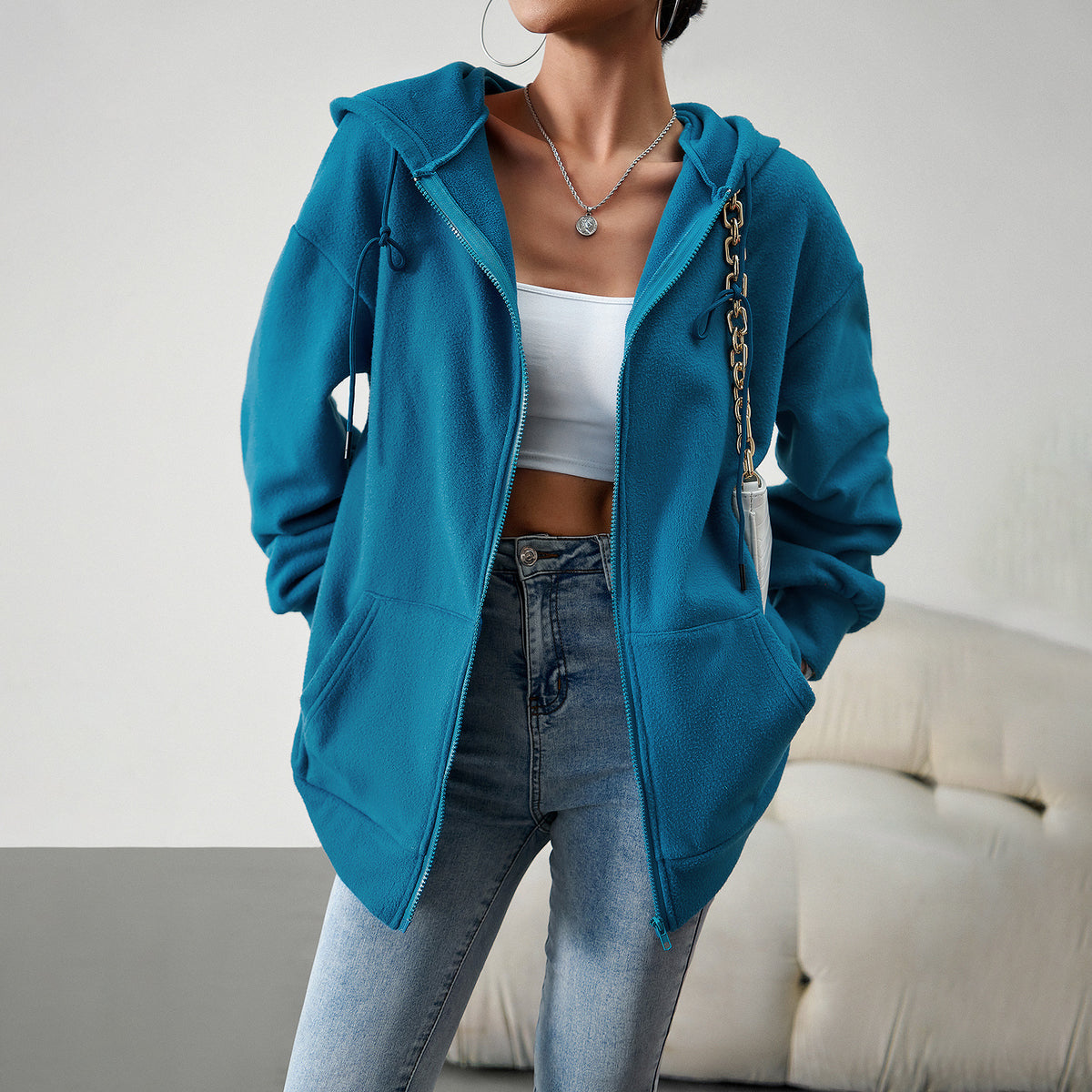 Women's blue hooded cardigan jacket