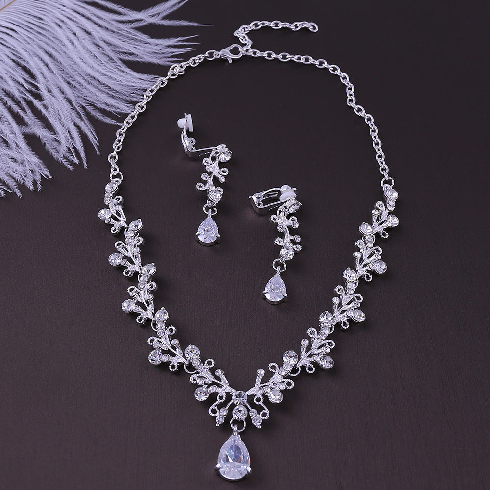 Women's silver white bridal zircon earrings & necklace