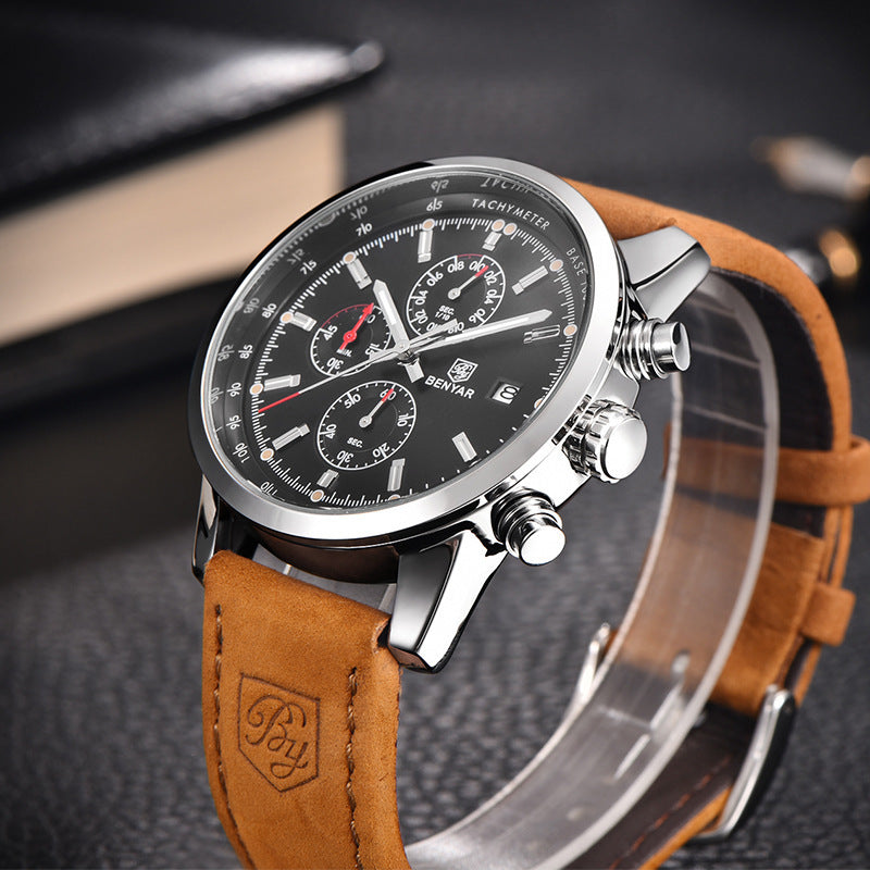 Alternate view: Men's leather quartz watch