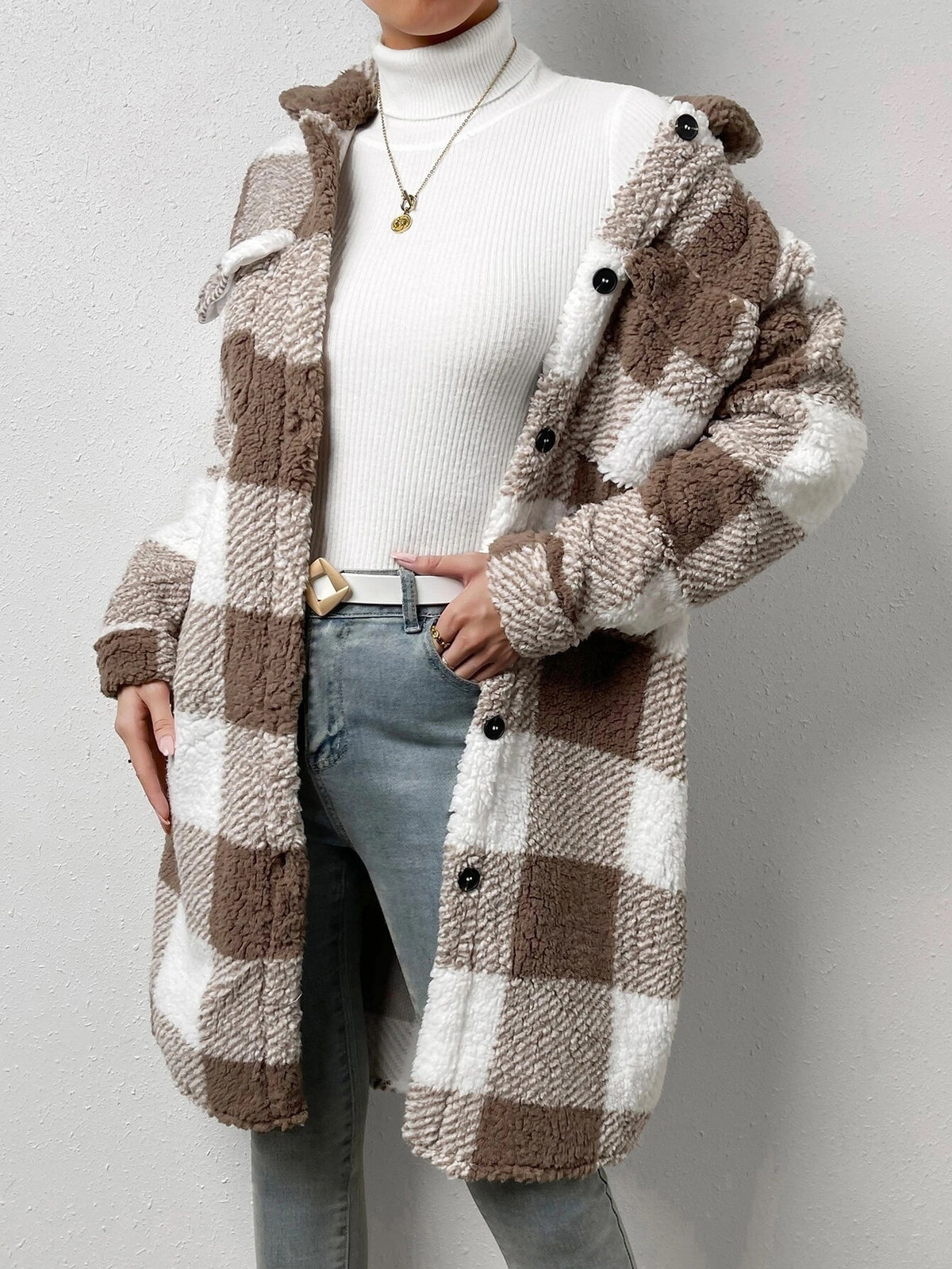 Women's coffee and white plush cardigan coat
