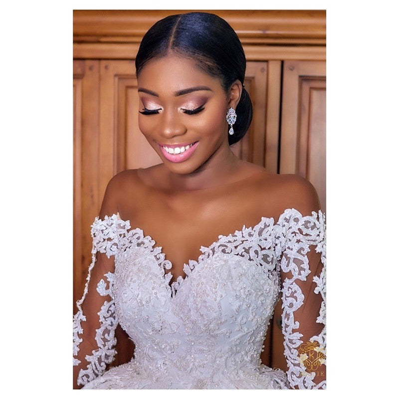 Women's white lace wedding gown