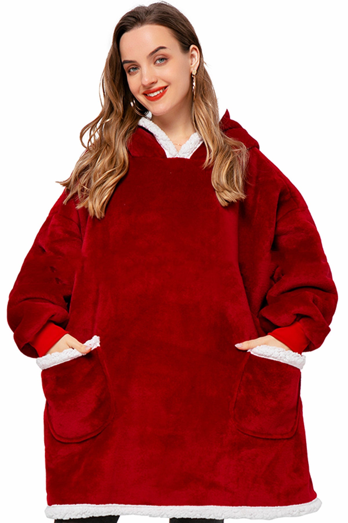 Unisex short wine red tv hoodie blanket