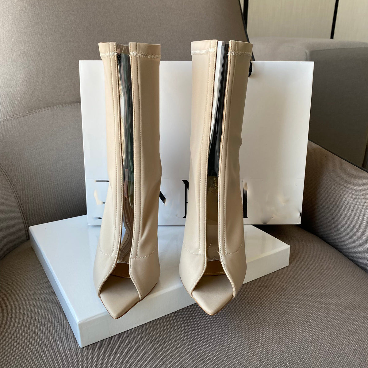 Women's beige lycra stiletto sandals