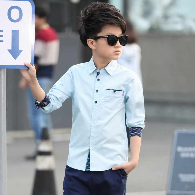 Boys blue polka dot lapel shirt
