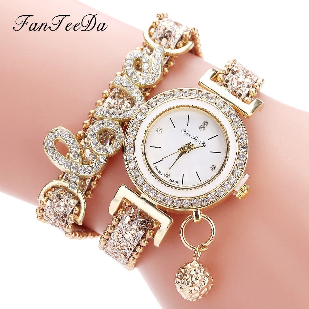 Women's gold rhinestone bracelet watch