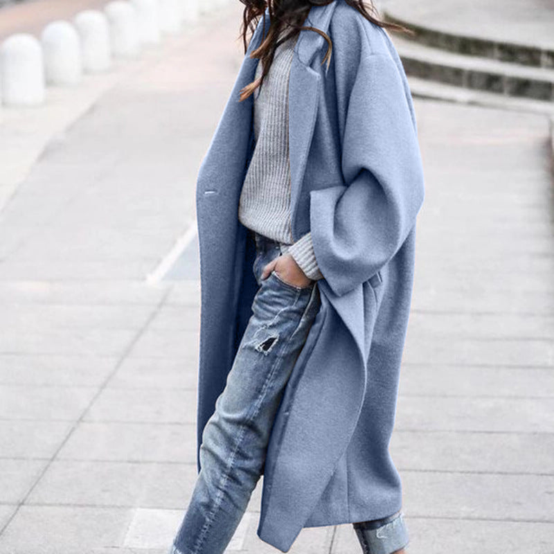 Women's light blue long woolen jacket