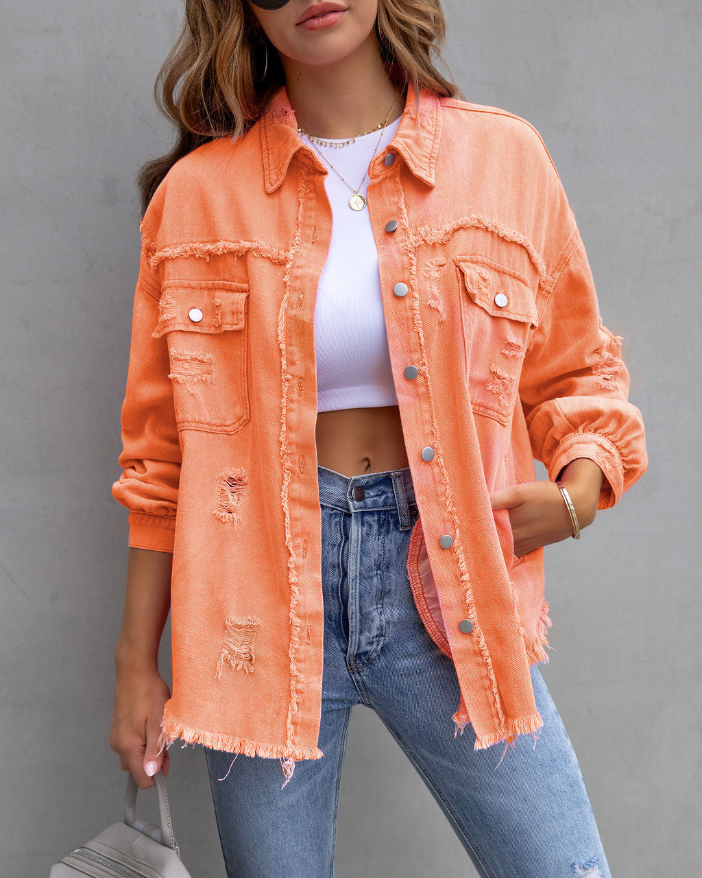 Women's orange ripped shirt jacket