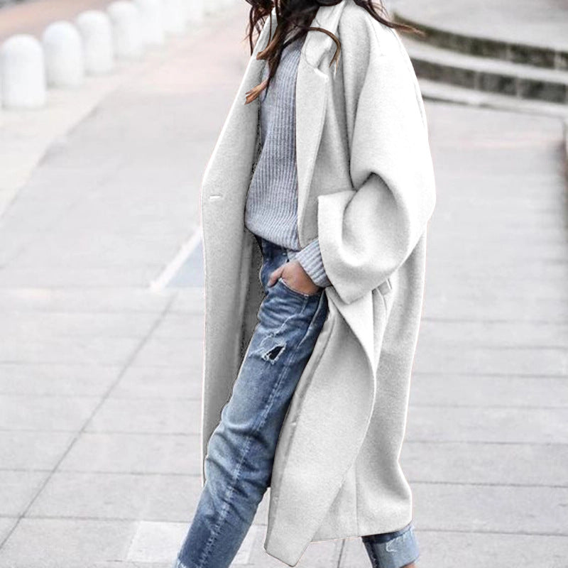 Women's white long woolen jacket