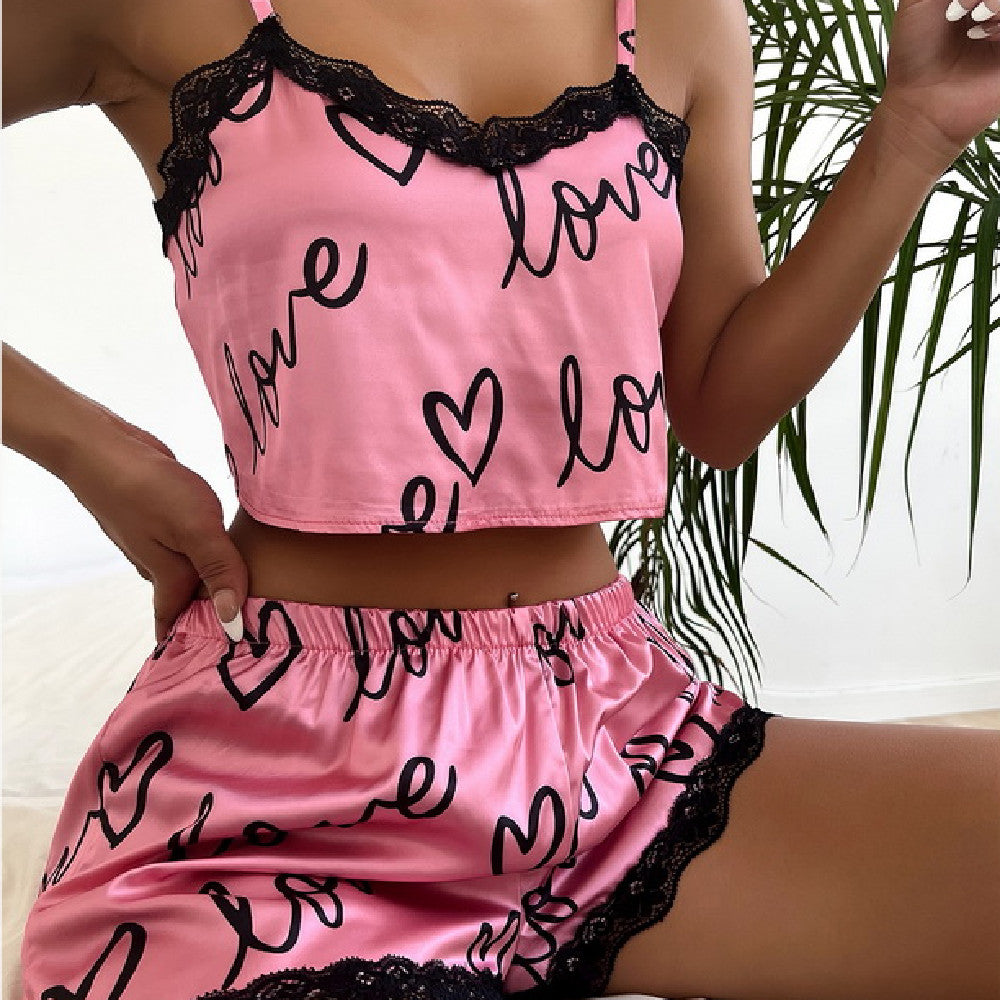 Women's pink lace suspender shorts pajamas