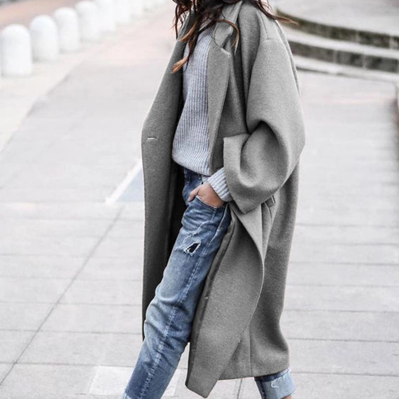 Women's grey long woolen jacket