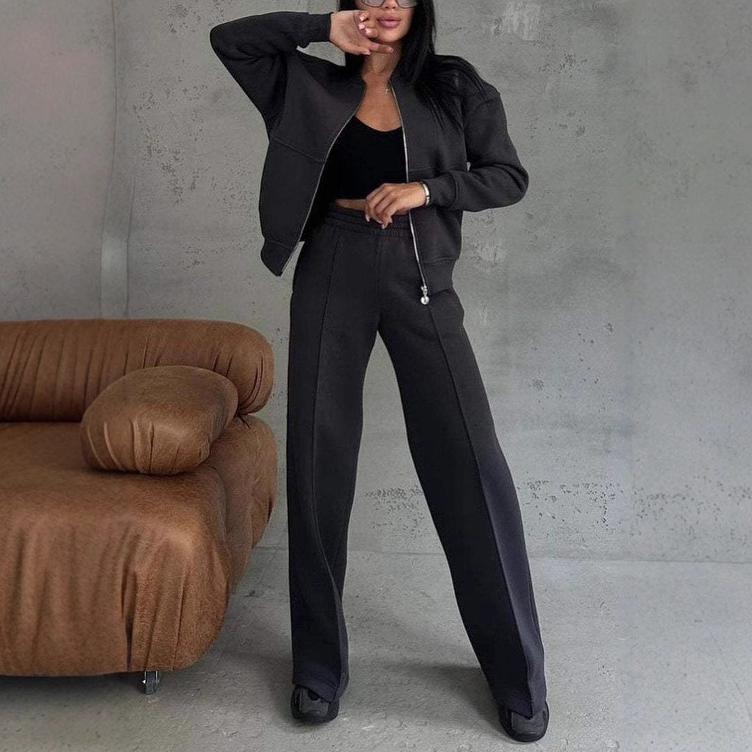 Women's black zip jacket & wide leg pants