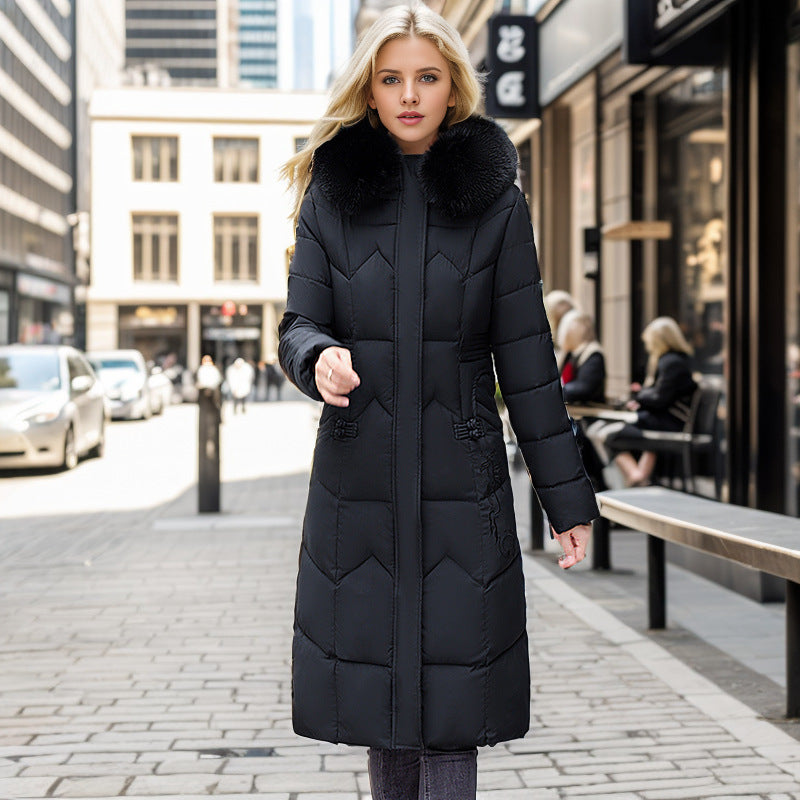 Women's black fur collar long coat