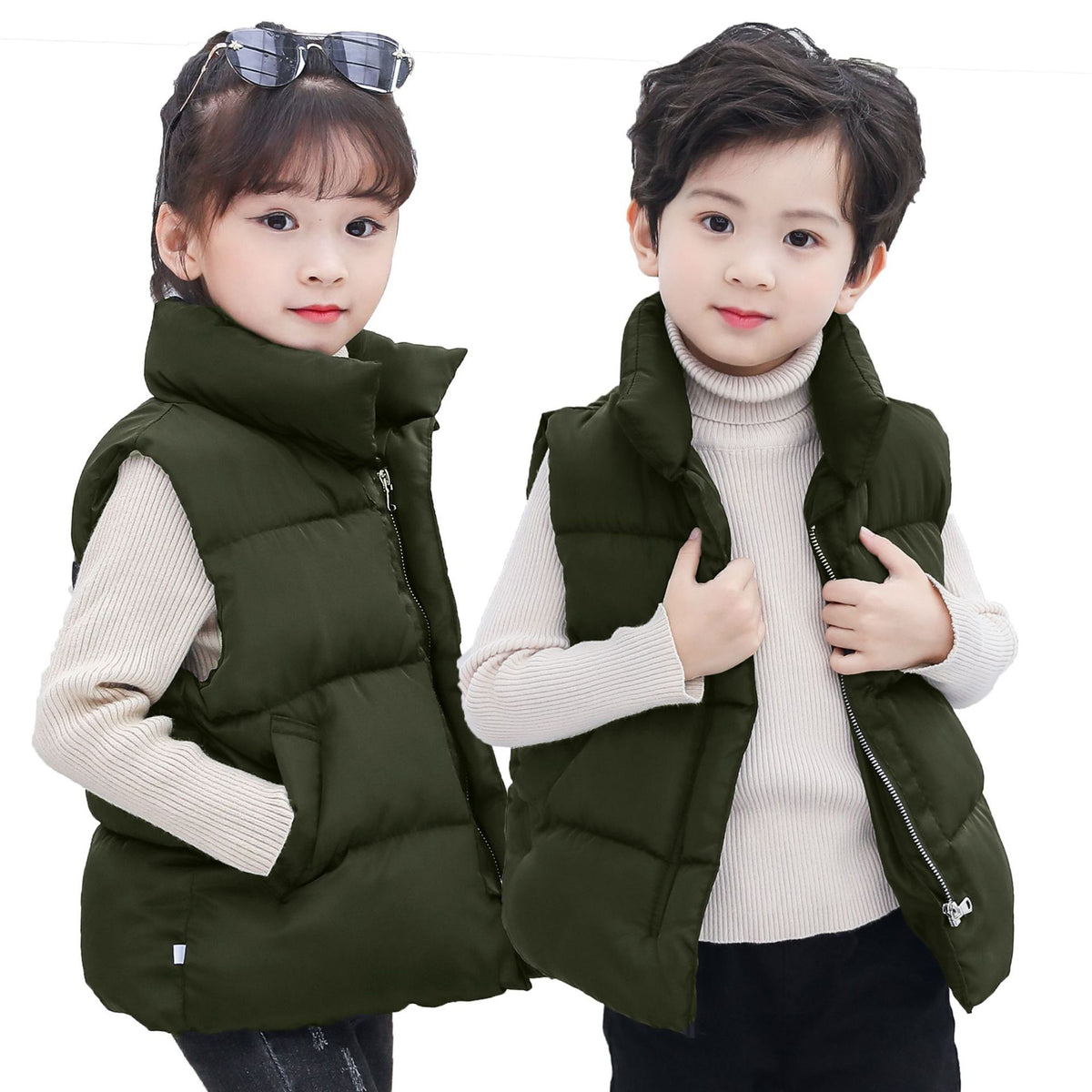 Kids dark green padded winter vest