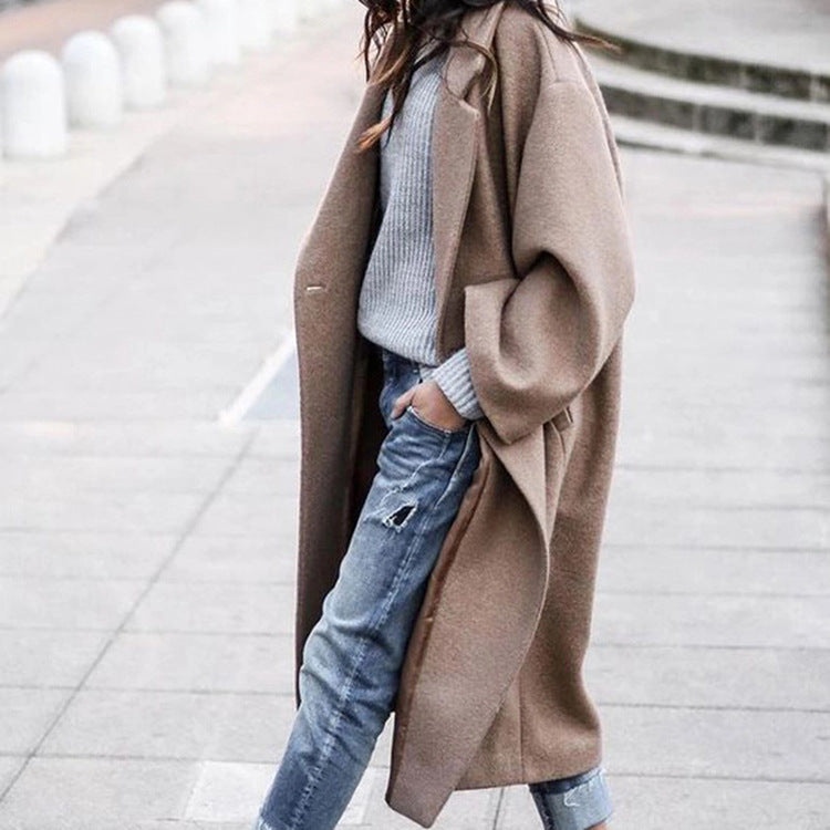 Women's khaki long woolen jacket