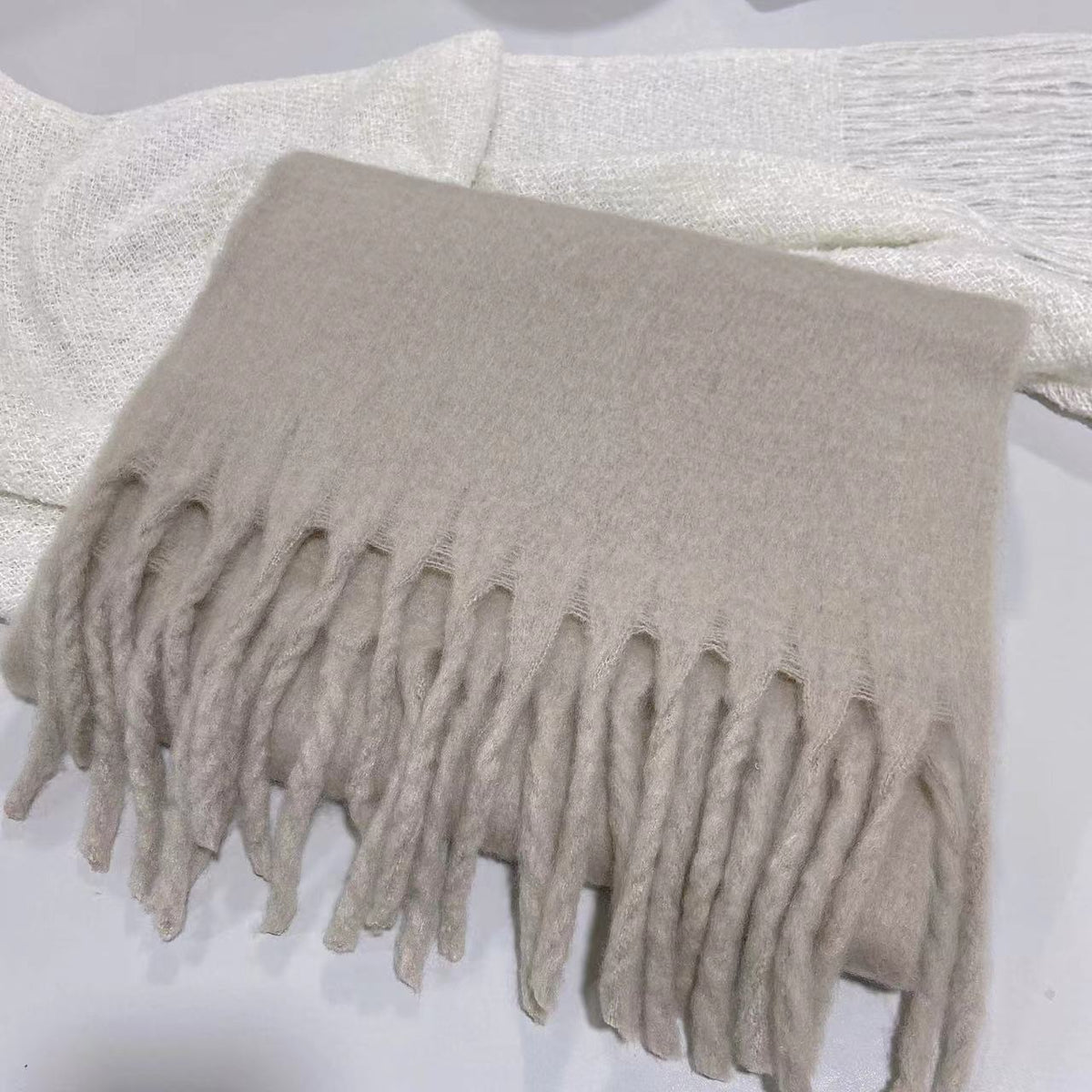 Women's light khaki tassel winter scarf