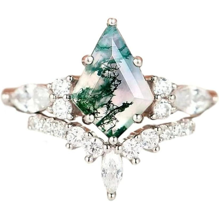 Women's silver moss agate ring set