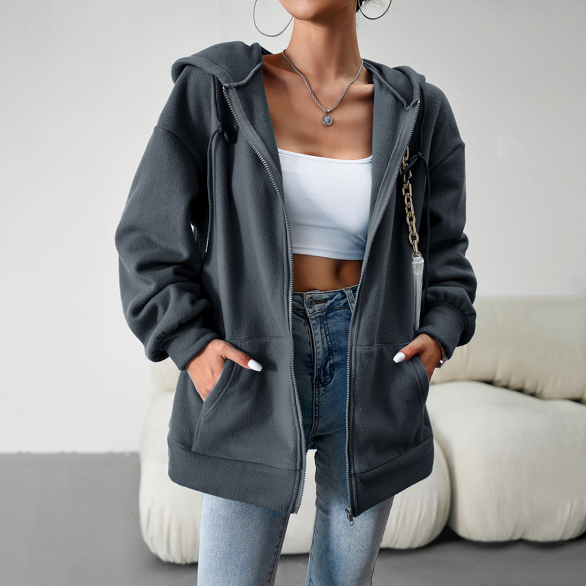 Women's grey hooded cardigan jacket