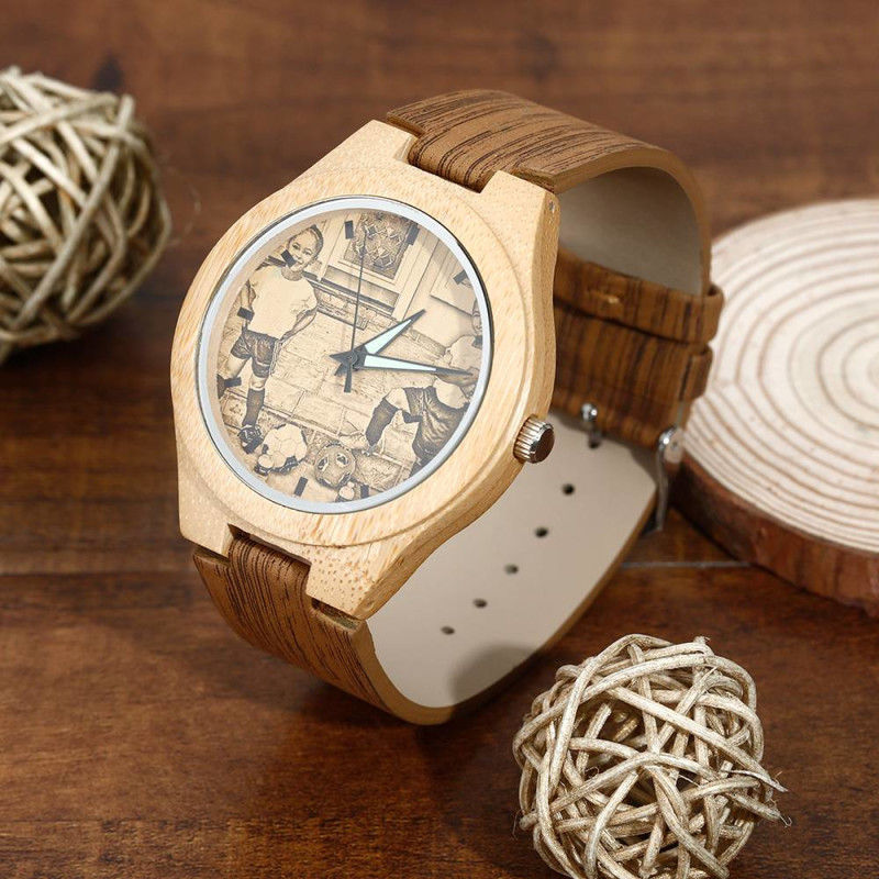 Unisex brown engraved bamboo photo watch