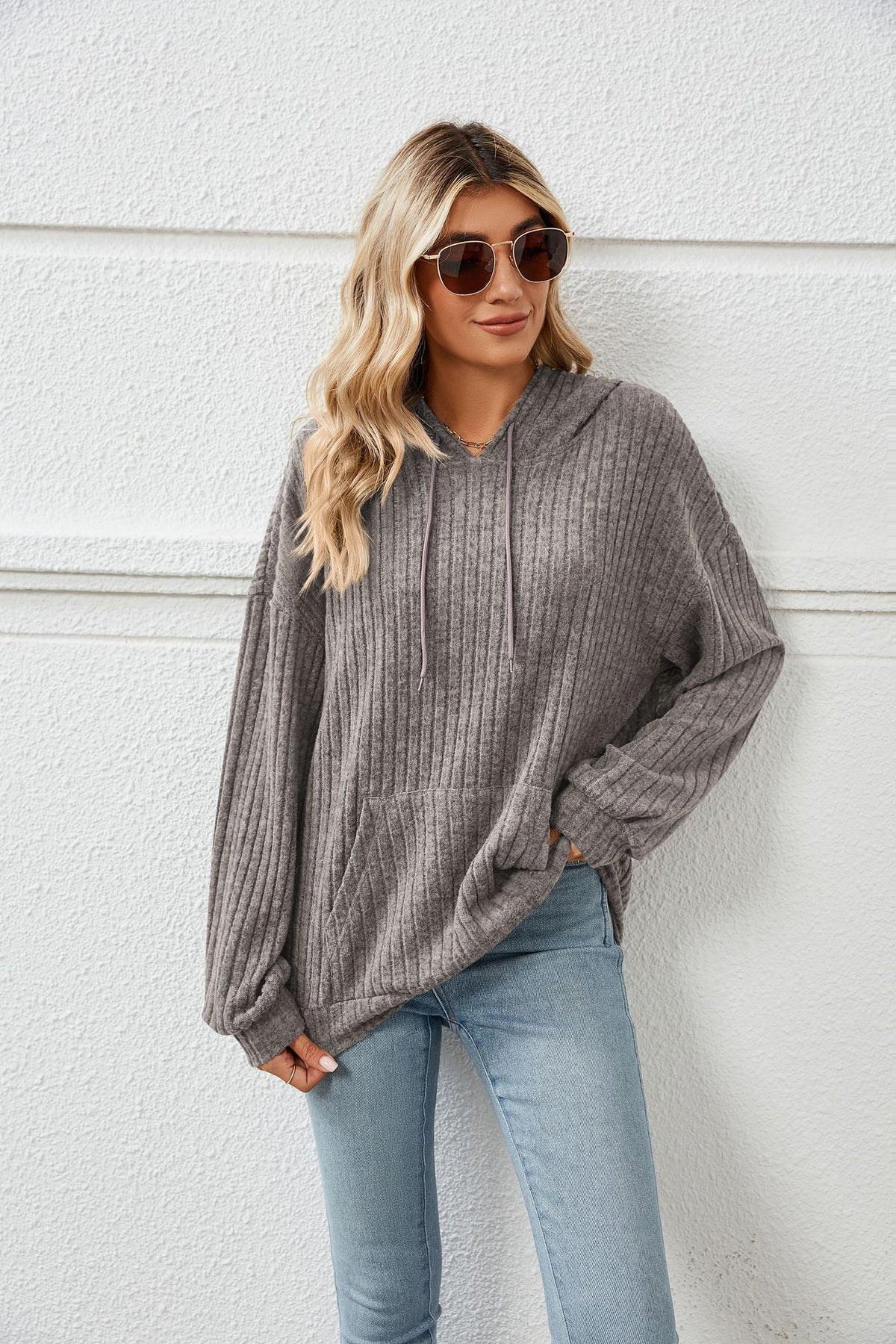 Women's dark gray hooded knit sweater