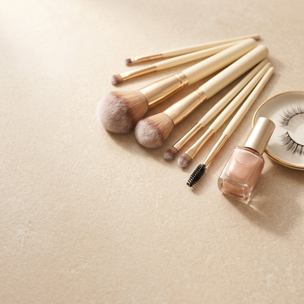 Makeup brushes, nail polish and false lashes on a champagne stone surface