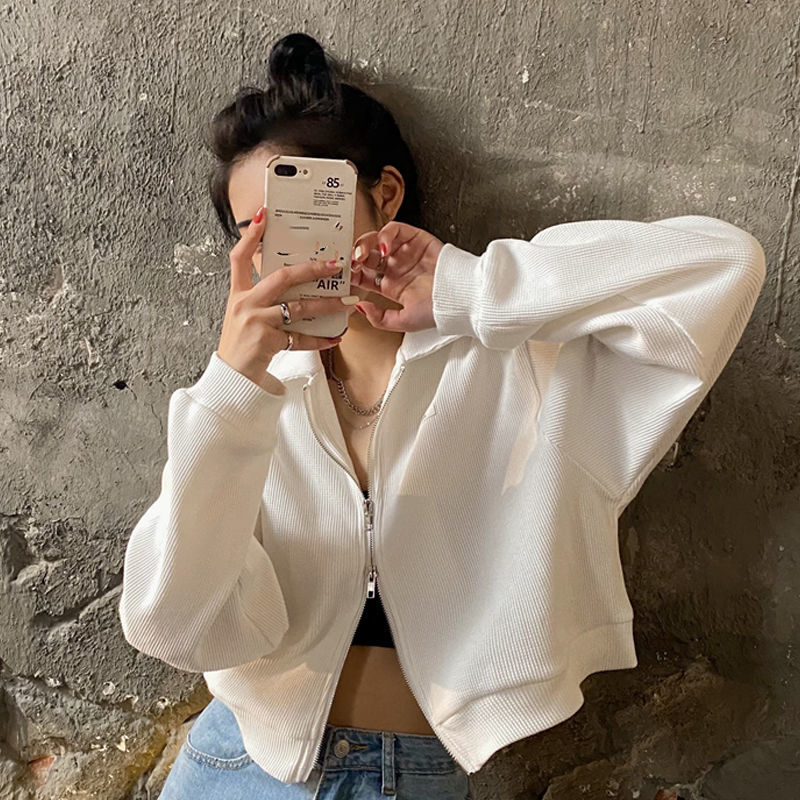 Women's white cropped zipper sweatshirt