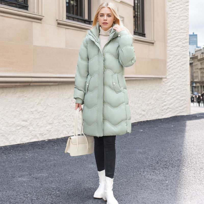 Women's green mid-length down jacket