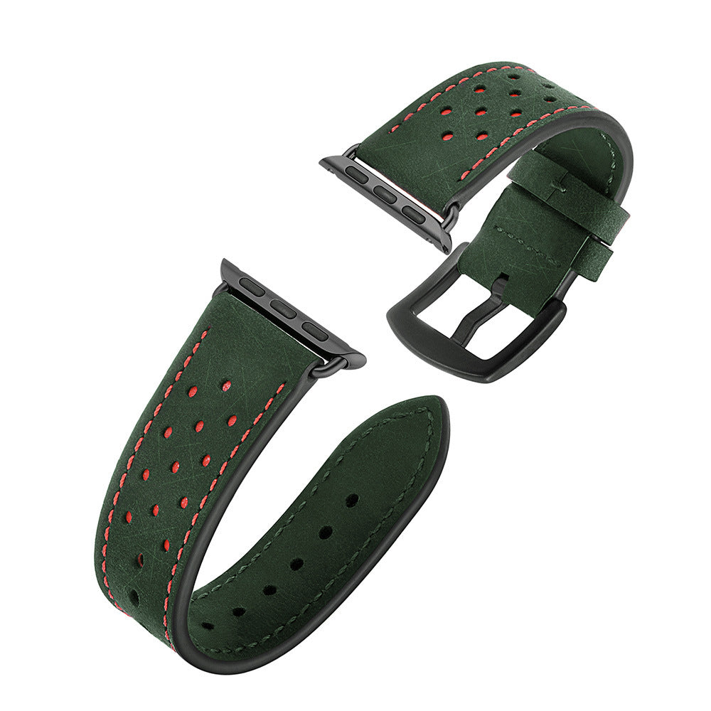 Unisex green porous leather watch strap