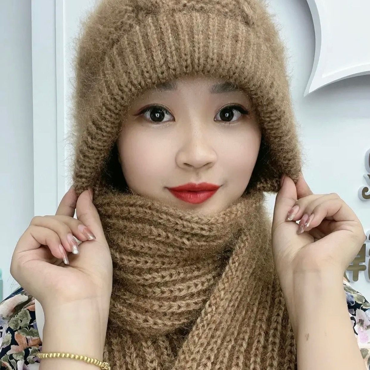 Unisex khaki hat & scarf combo
