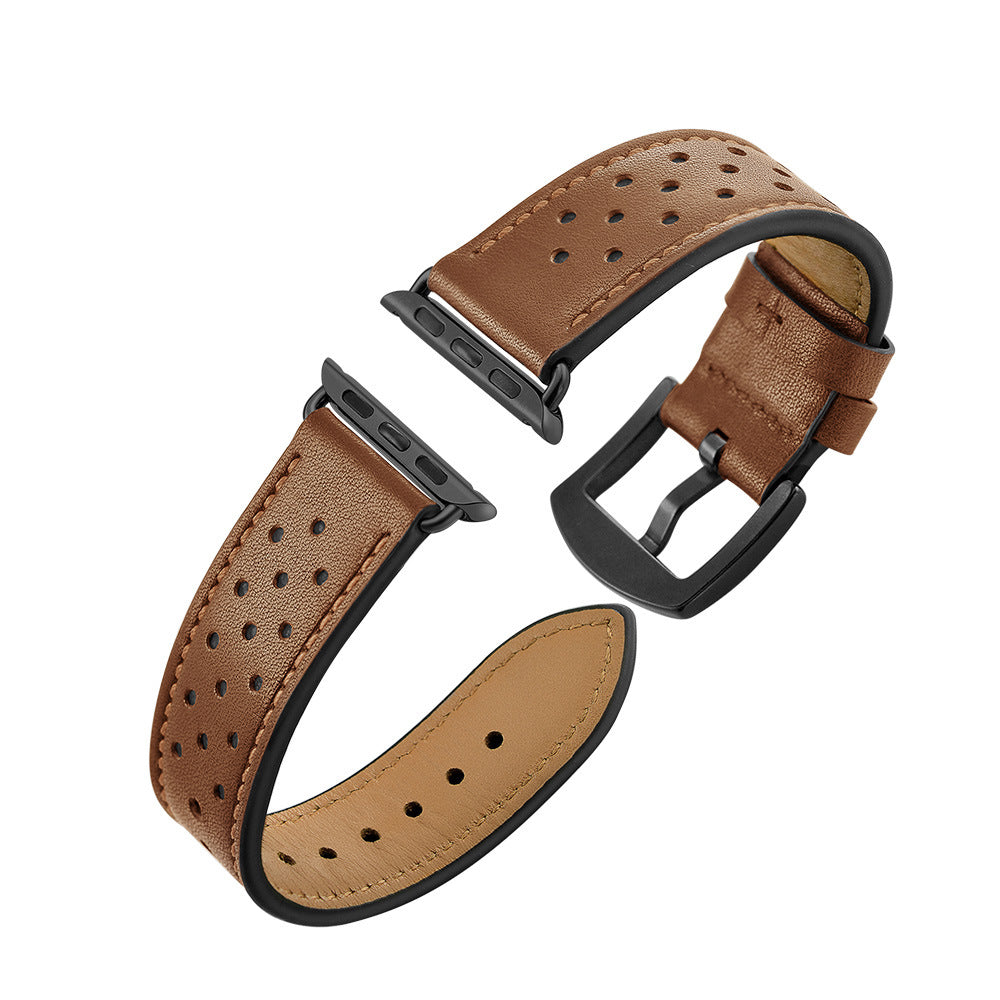 Unisex brown porous leather watch strap