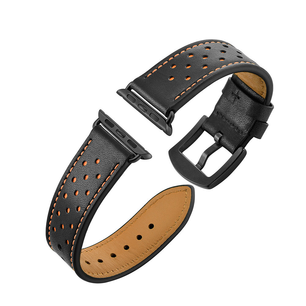 Unisex black porous leather watch strap