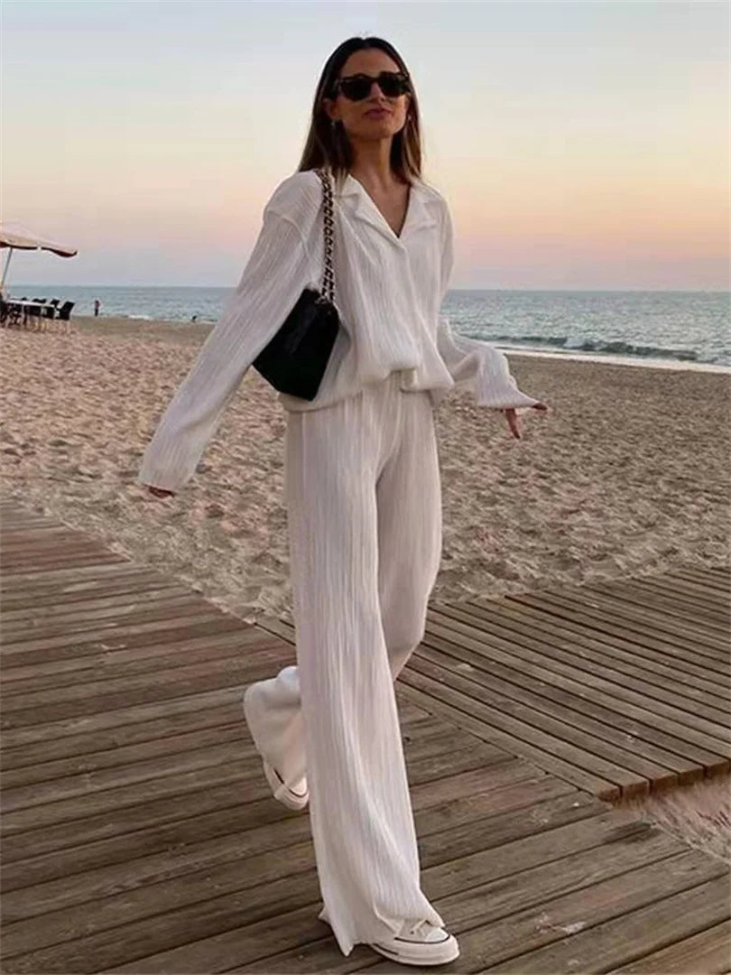 Women's white pleated shirt & straight pants