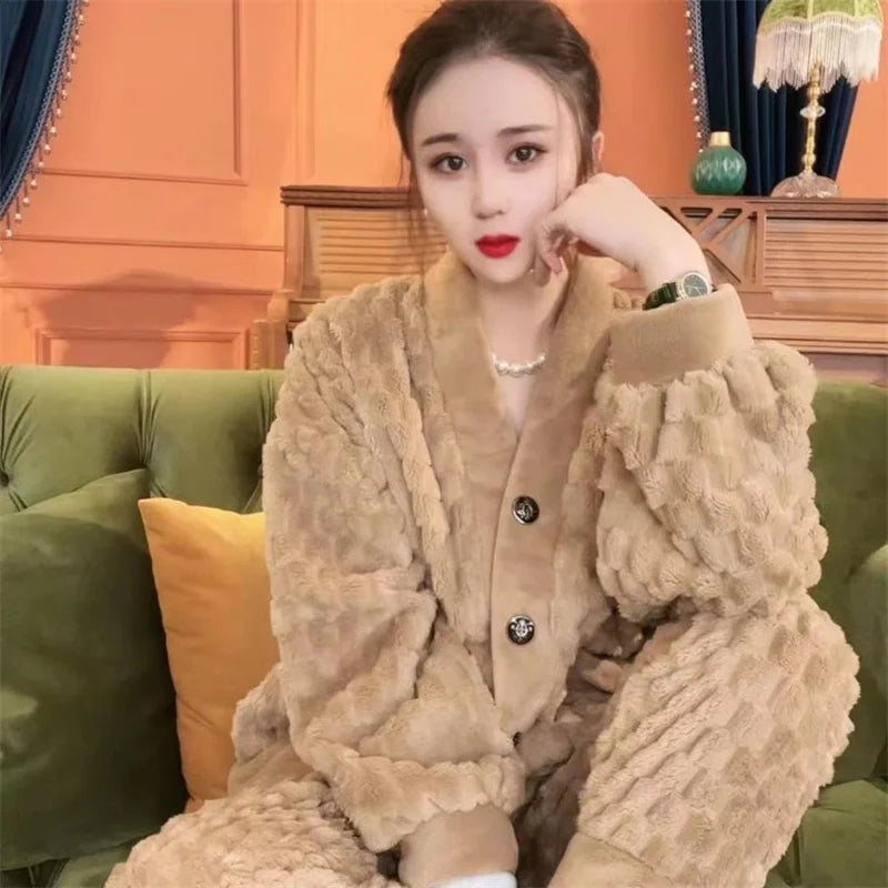 Women's khaki coral velvet pajama set
