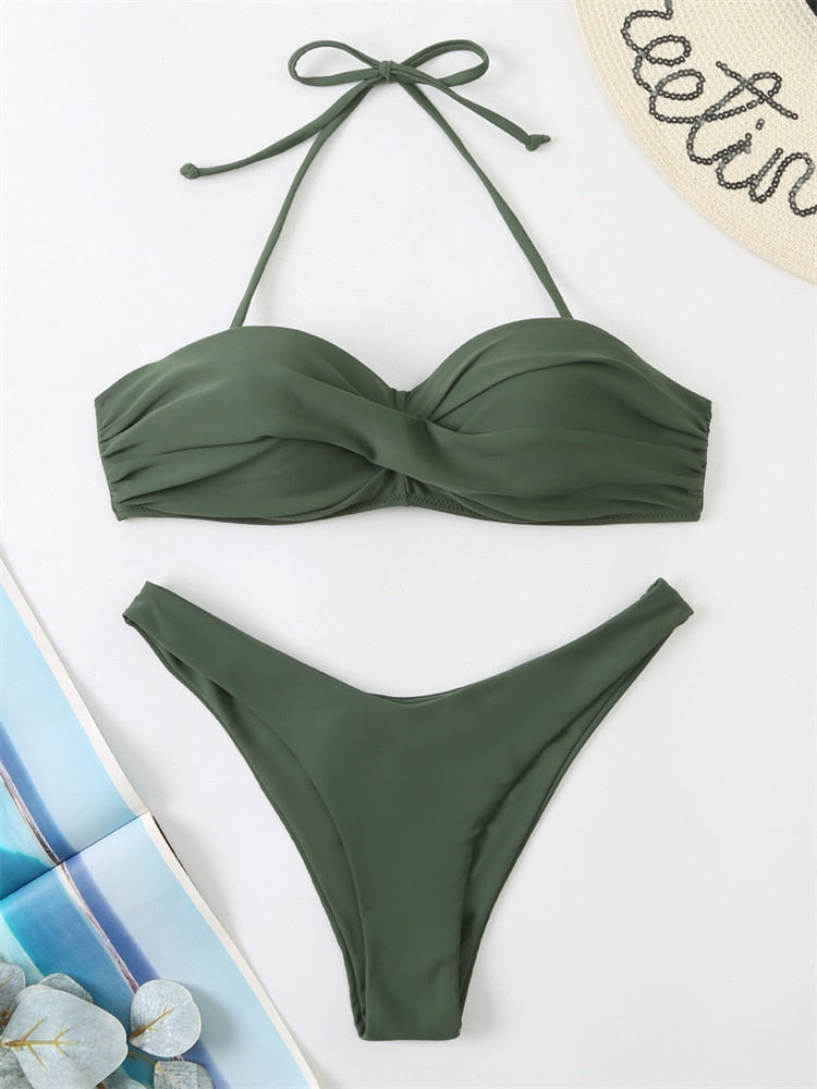 Women's green solid push up bikini set