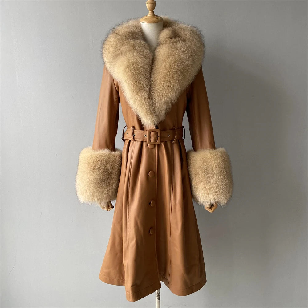 Women's camel-beige genuine leather coat