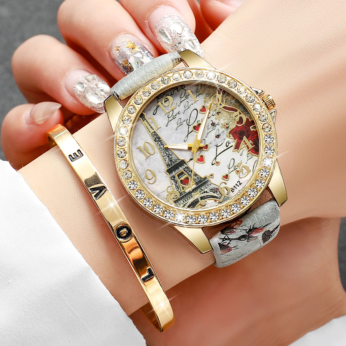 Rhinestone flower watch and bracelet set - view 7