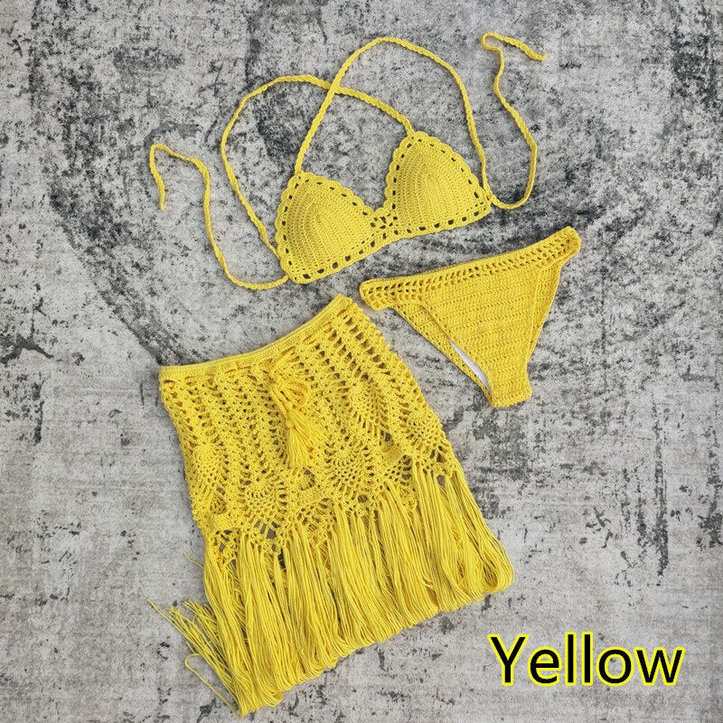 Women's yellow sheer crochet bikini crop top