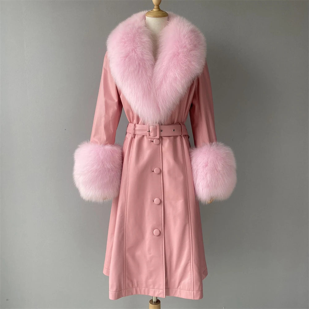 Women's pink genuine leather coat