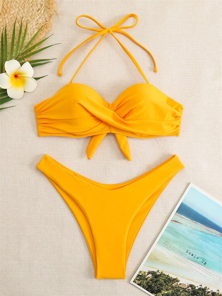 Women's yellow solid push up bikini set