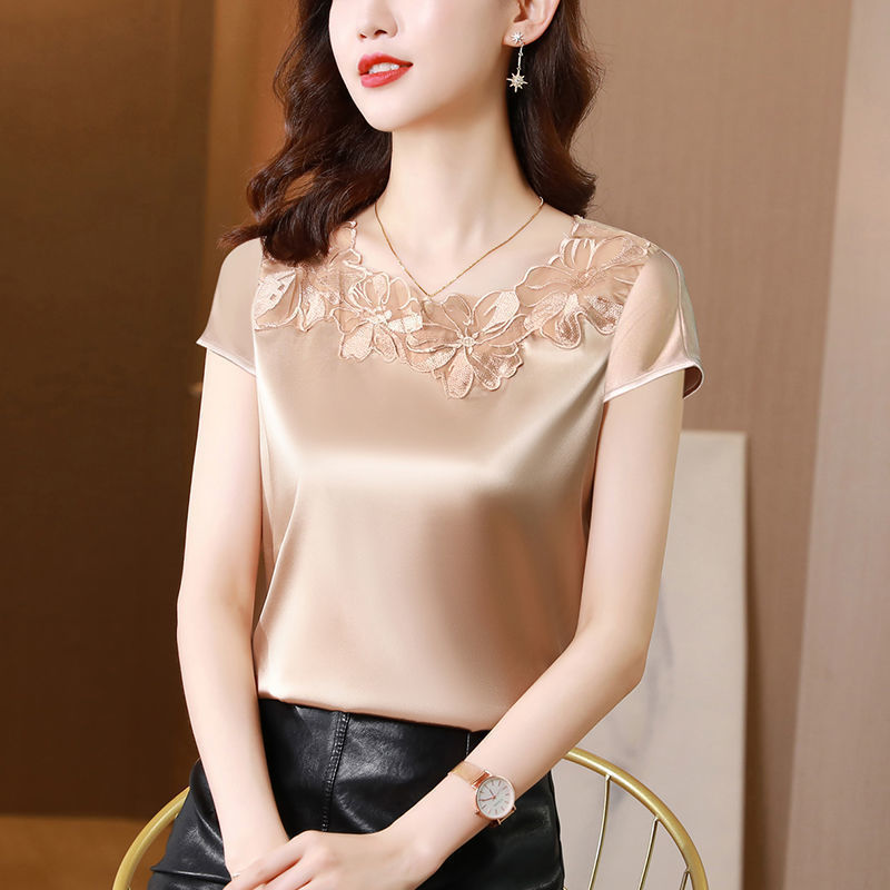 Women's champagne loose lace t-shirt