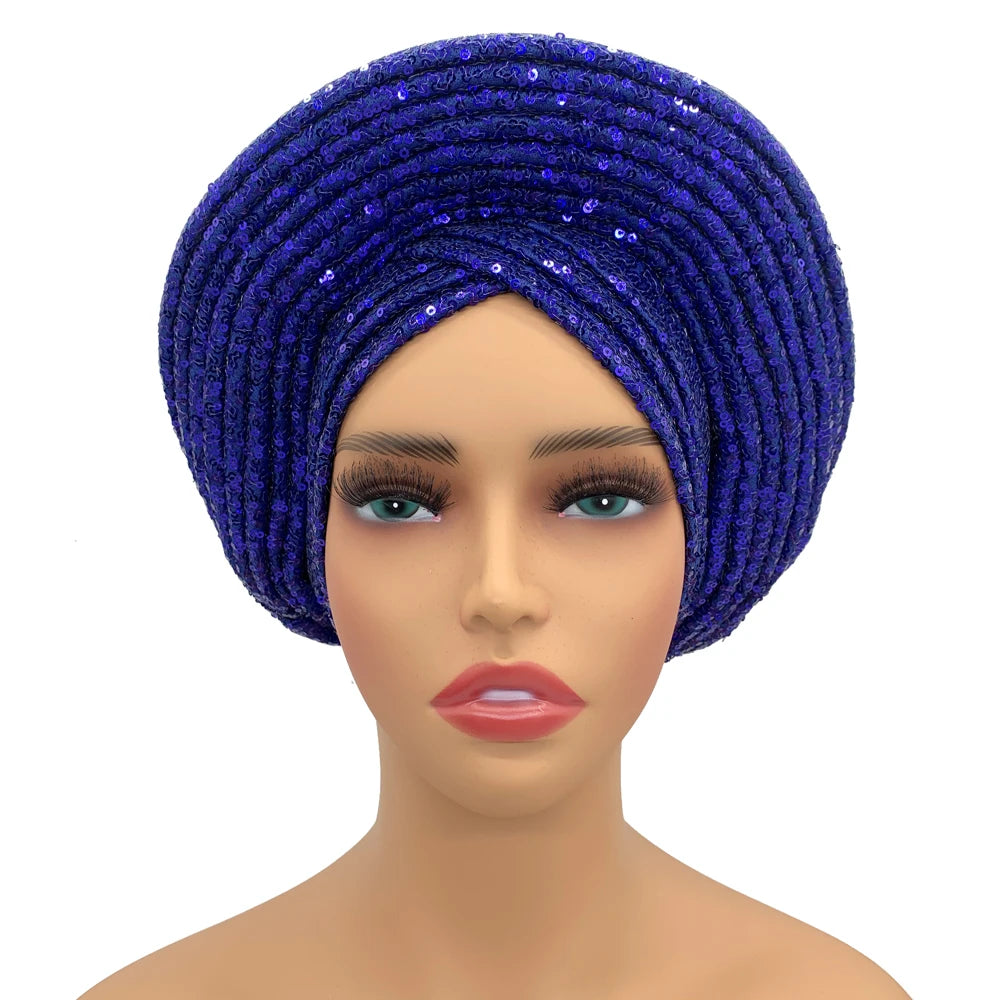Women's royal blue sequin turban cap