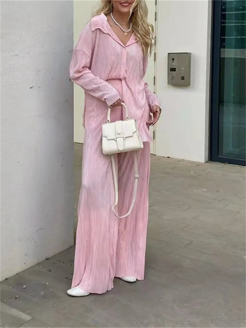 Women's pink pleated shirt & straight pants