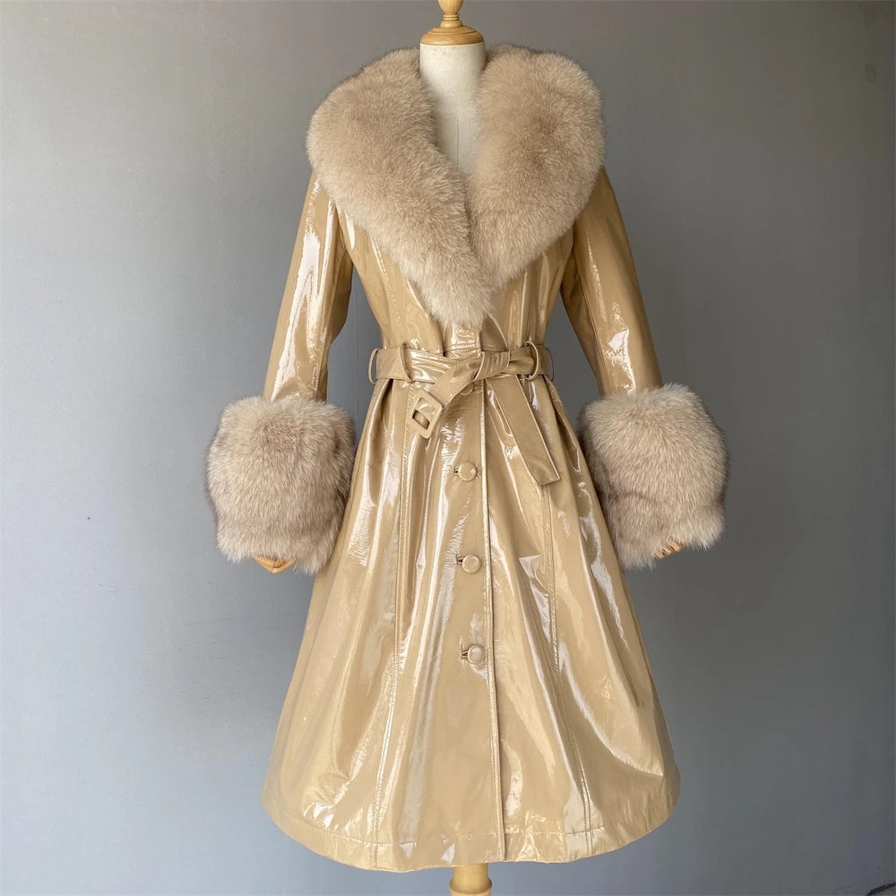 Women's bright-beige genuine leather coat