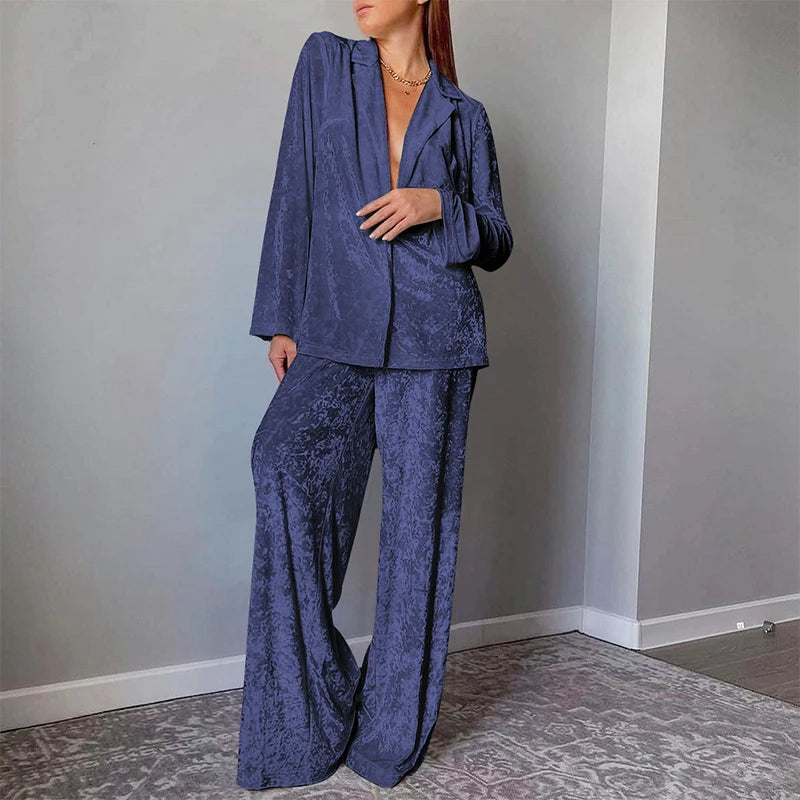 Velvet wide leg two piece pant set - view 5
